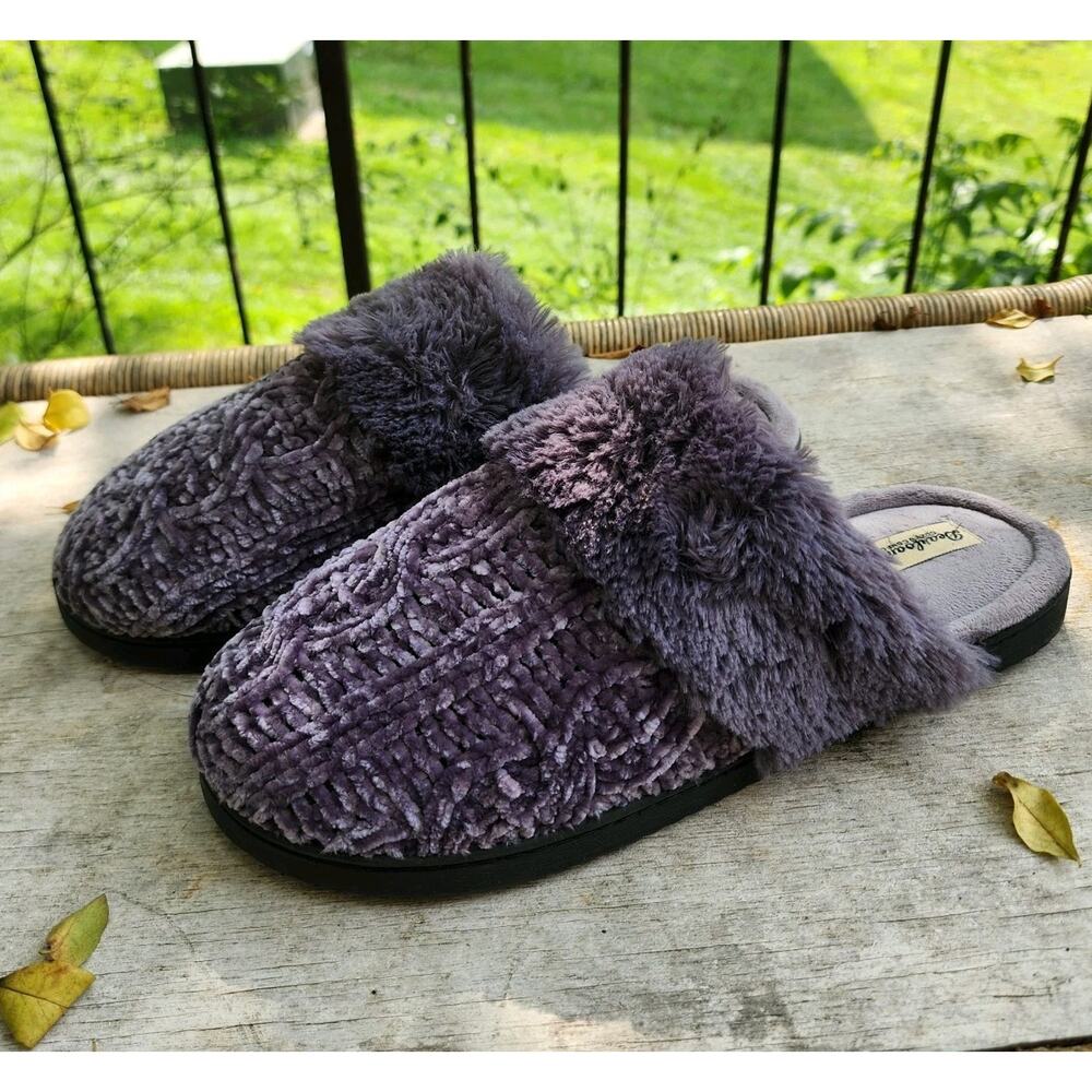 Dearforms Cozy Comfort Grey Chenille Soft Knit Fur Band Slippers Rubber Soles XL